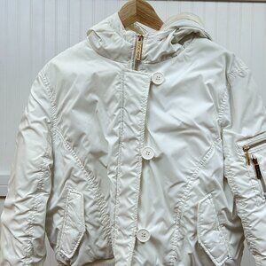 Honee White Puffer Bomber Jacket Women's Hooded Full Zip Button Winter Coat
